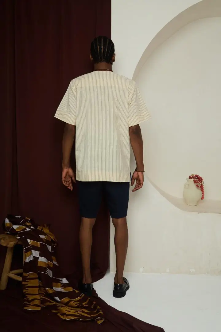 Omo Oba – Aso-Ofi Panelled Top & Navy Shorts Set - Image 2