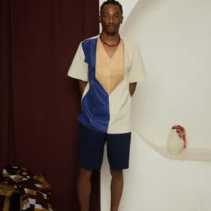 Omo Oba – Aso-Ofi Panelled Top & Navy Shorts Set