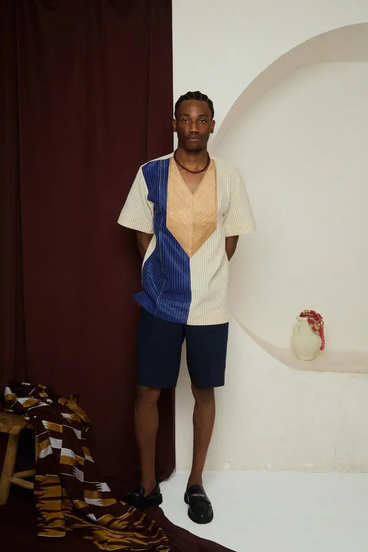 Omo Oba – Aso-Ofi Panelled Top & Navy Shorts Set