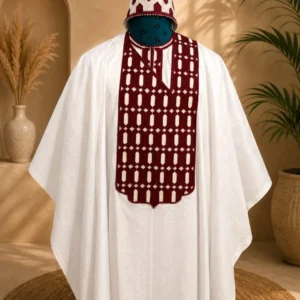 Royale Agbada – White & Burgundy Agbada