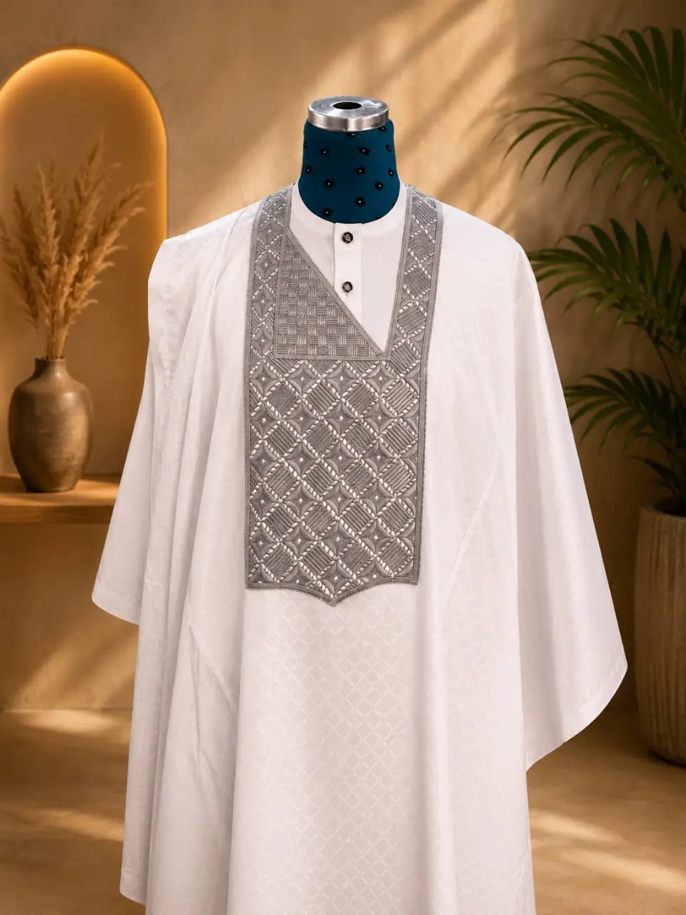 Royale Agbada – White & Silver Agbada